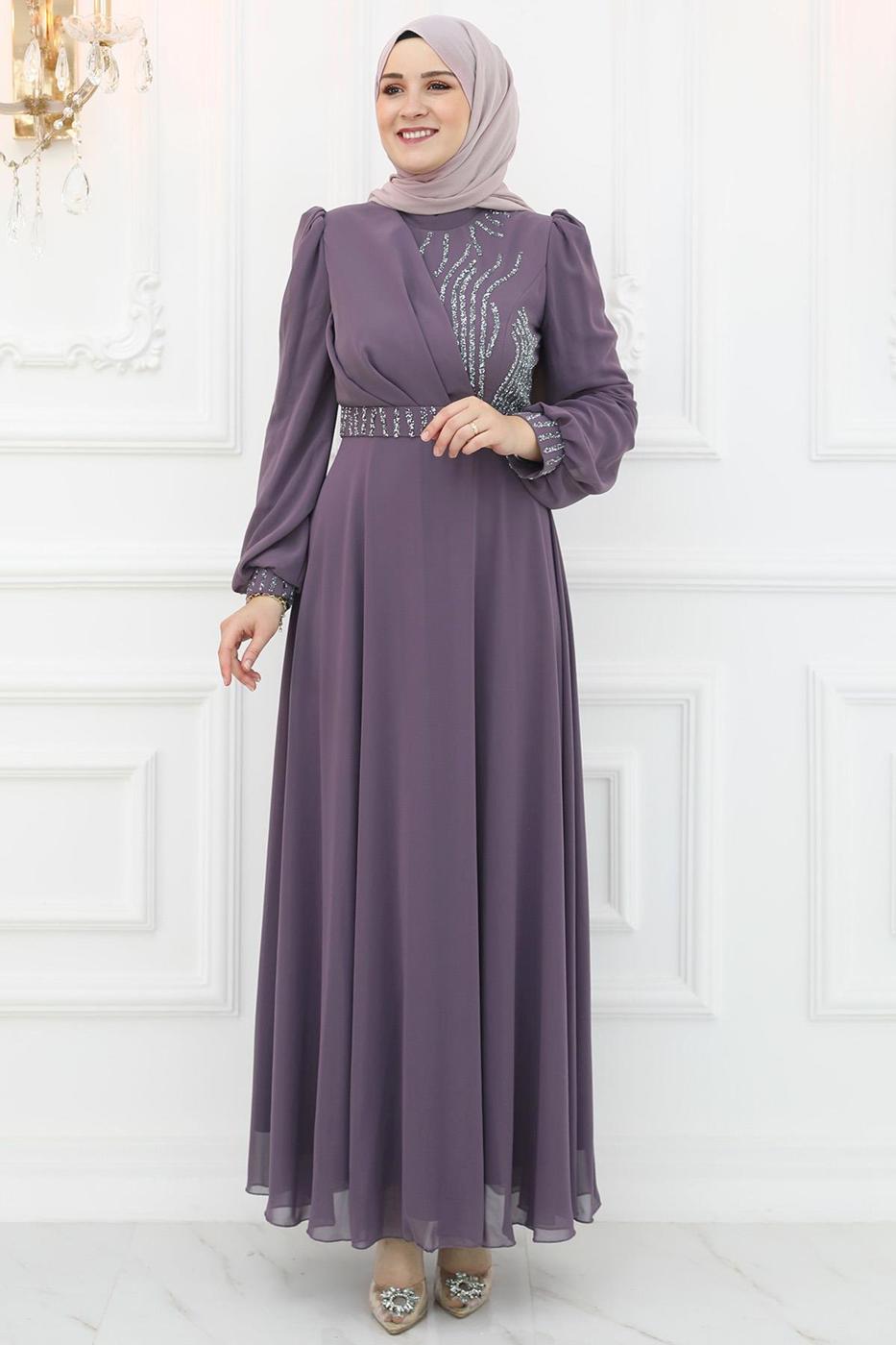 Tesettür giyim MOR KEMERLİ TAŞ DETAYLI ABİYE ELBİSE T 9553