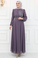 Tesettür giyim MOR KEMERLİ TAŞ DETAYLI ABİYE ELBİSE T 9553