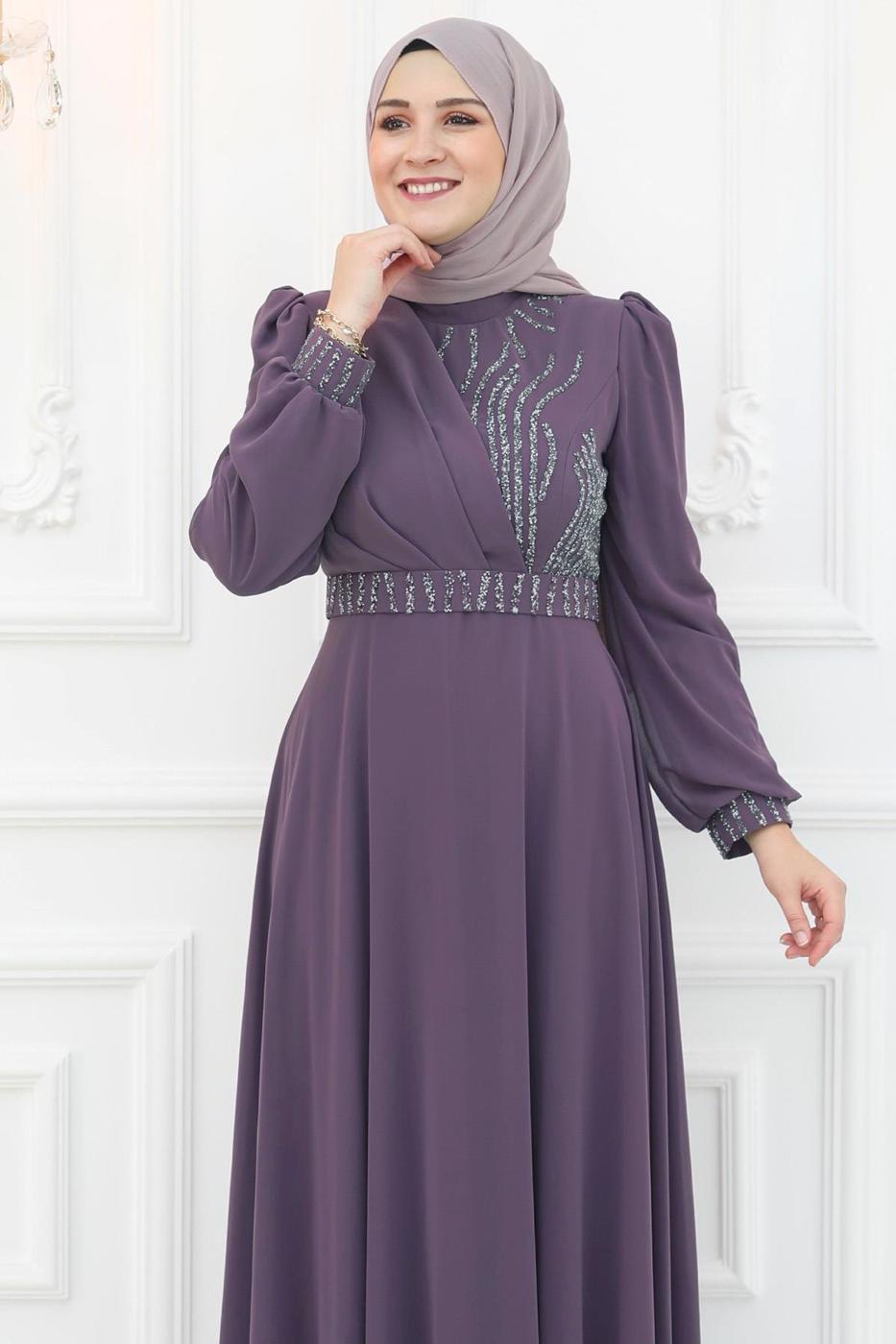 Tesettür giyim MOR KEMERLİ TAŞ DETAYLI ABİYE ELBİSE T 9553