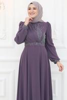 Tesettür giyim MOR KEMERLİ TAŞ DETAYLI ABİYE ELBİSE T 9553