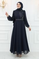 Hijab clothing NAVY BLUE BELTED EVENING DRESS T 9553