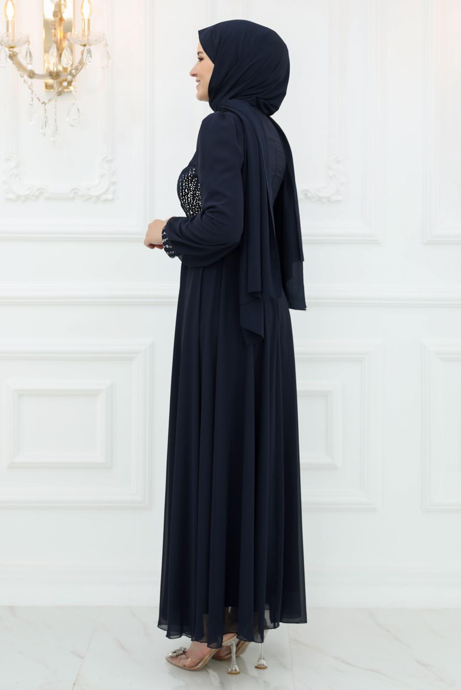 Hijab clothing NAVY BLUE BELTED EVENING DRESS T 9553