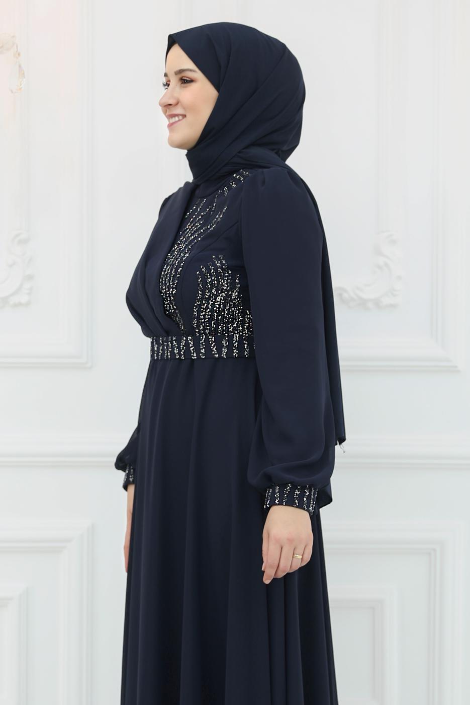 Hijab clothing NAVY BLUE BELTED EVENING DRESS T 9553