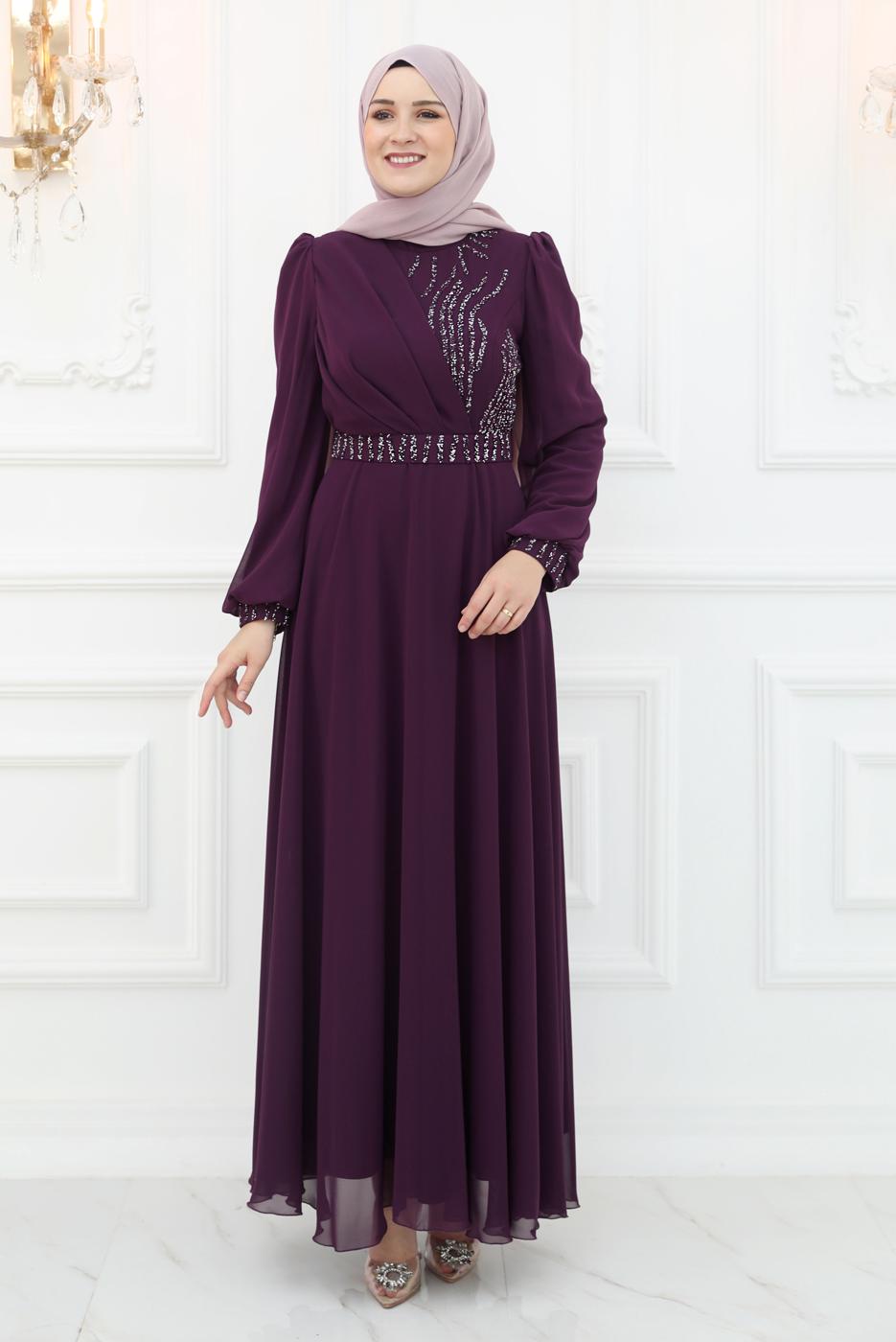 Hijab clothing PLUM BELTED EVENING DRESS T 9553
