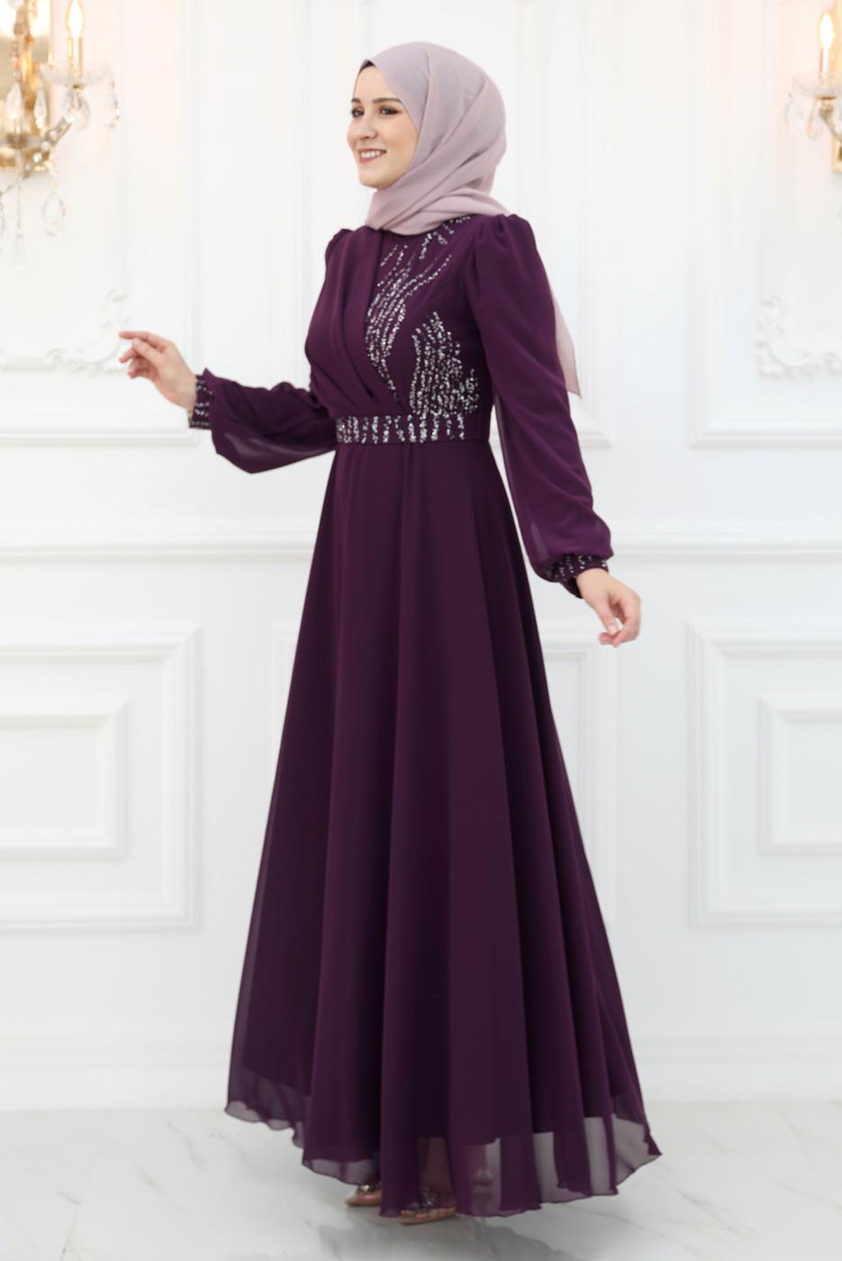 Hijab clothing PLUM BELTED EVENING DRESS T 9553