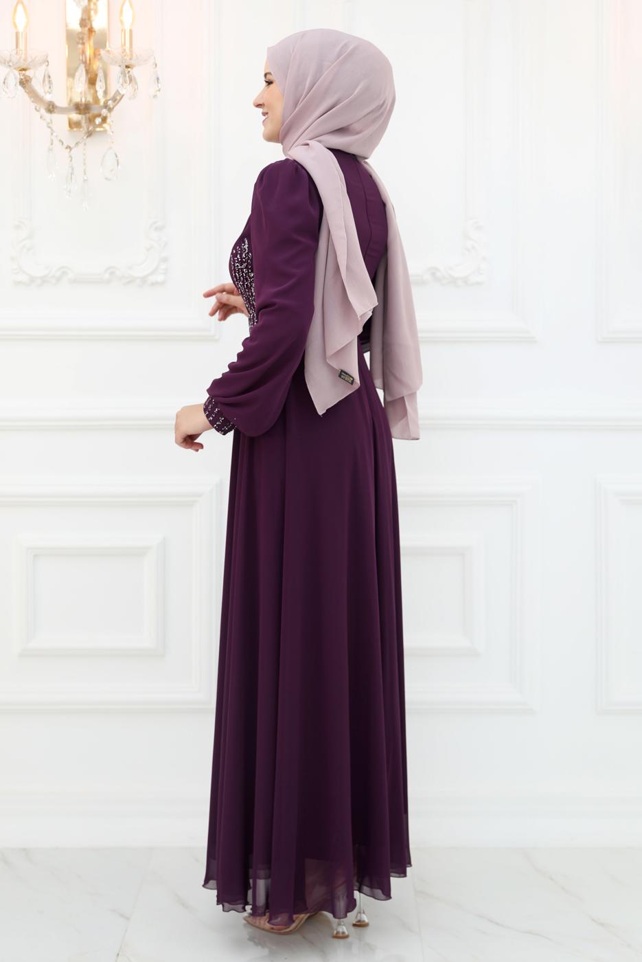 Hijab clothing PLUM BELTED EVENING DRESS T 9553