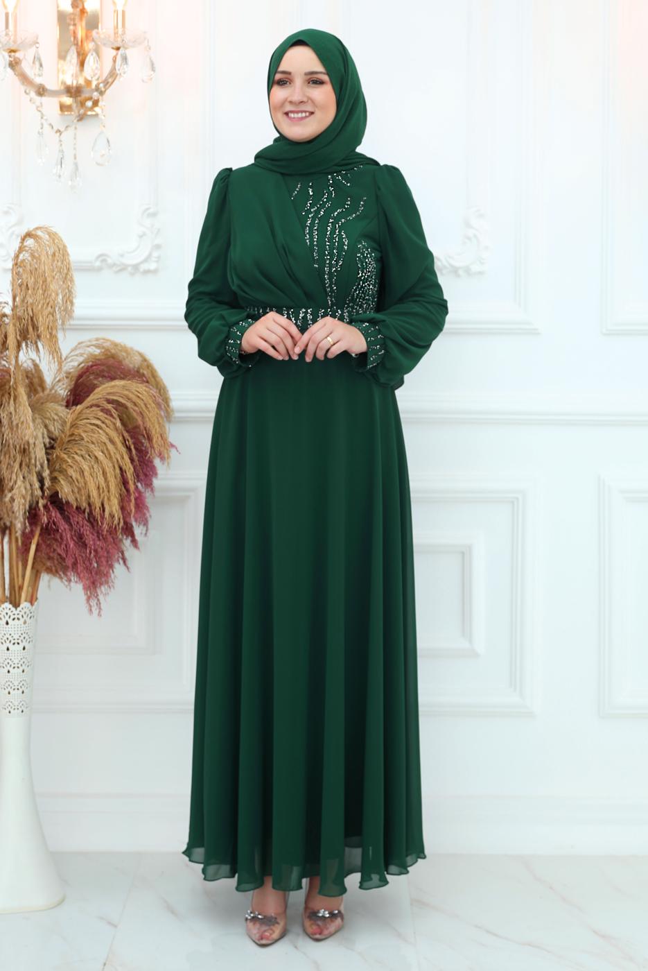 Hijab clothing GREEN BELTED EVENING DRESS T 9553