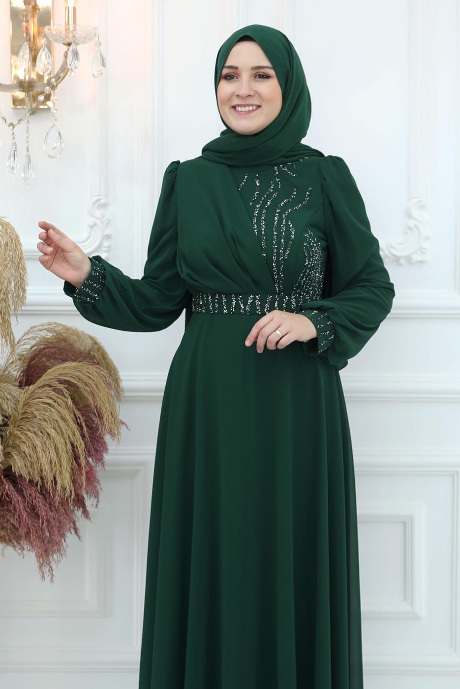 Hijab clothing GREEN BELTED EVENING DRESS T 9553