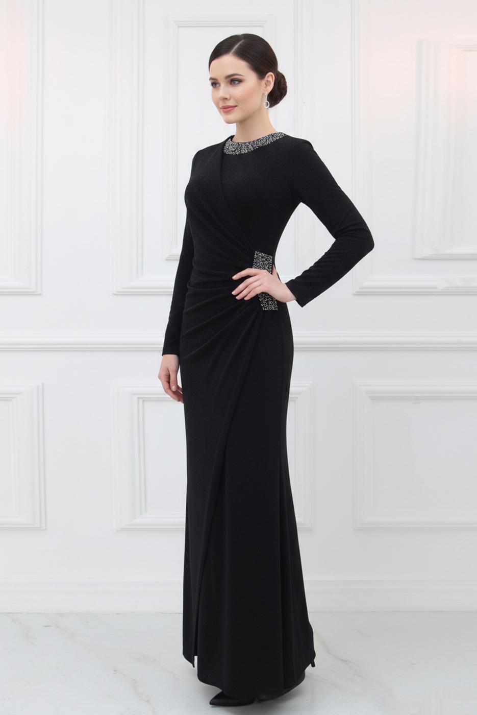 Tesettür giyim SİYAH TAŞ DETAYLI ABİYE ELBİSE T 9653