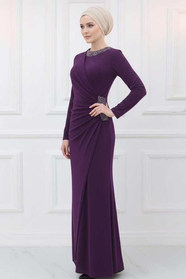 Vêtements hijab POURPRE ROBE DE SOIRÉE AVEC GEMME T 9653 - TRENDTESETTÜR