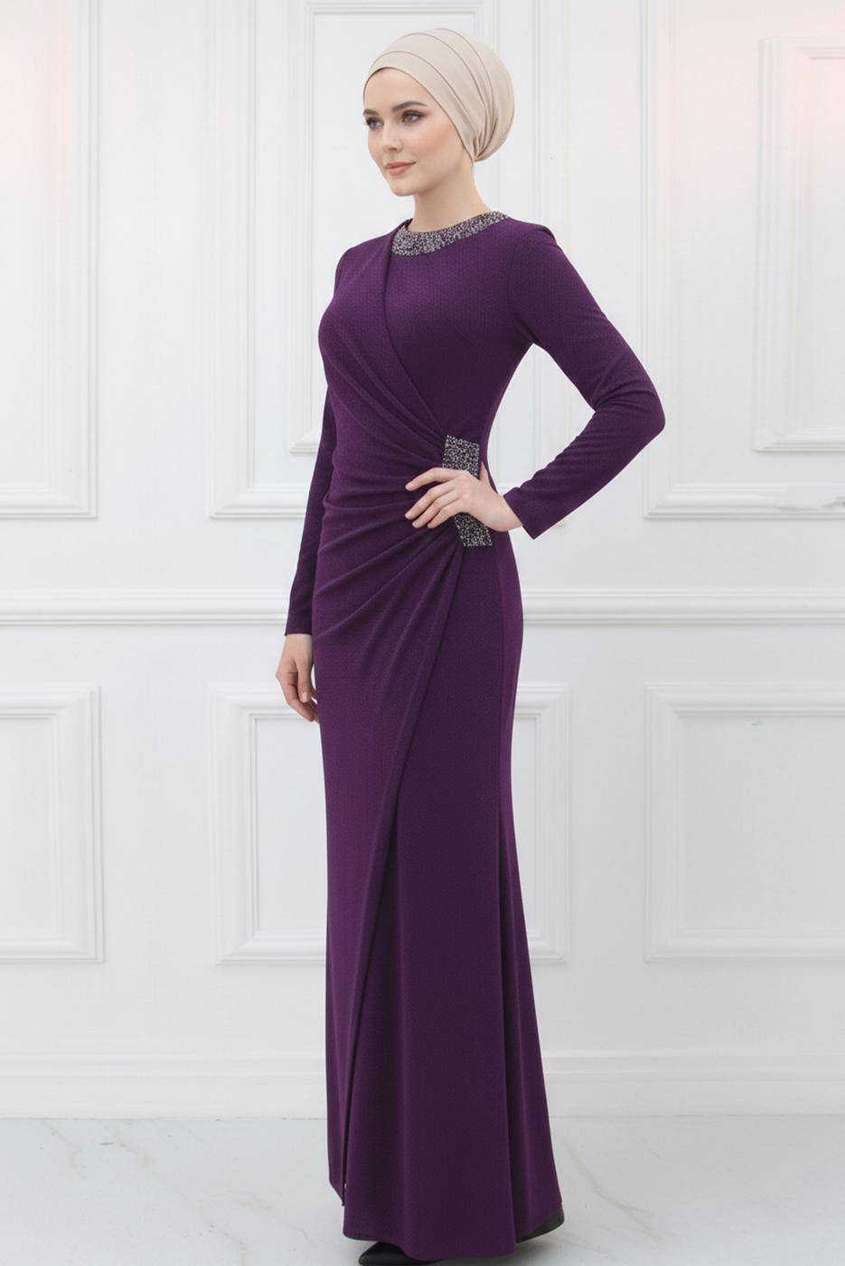 Vêtements hijab POURPRE ROBE DE SOIRÉE AVEC GEMME T 9653