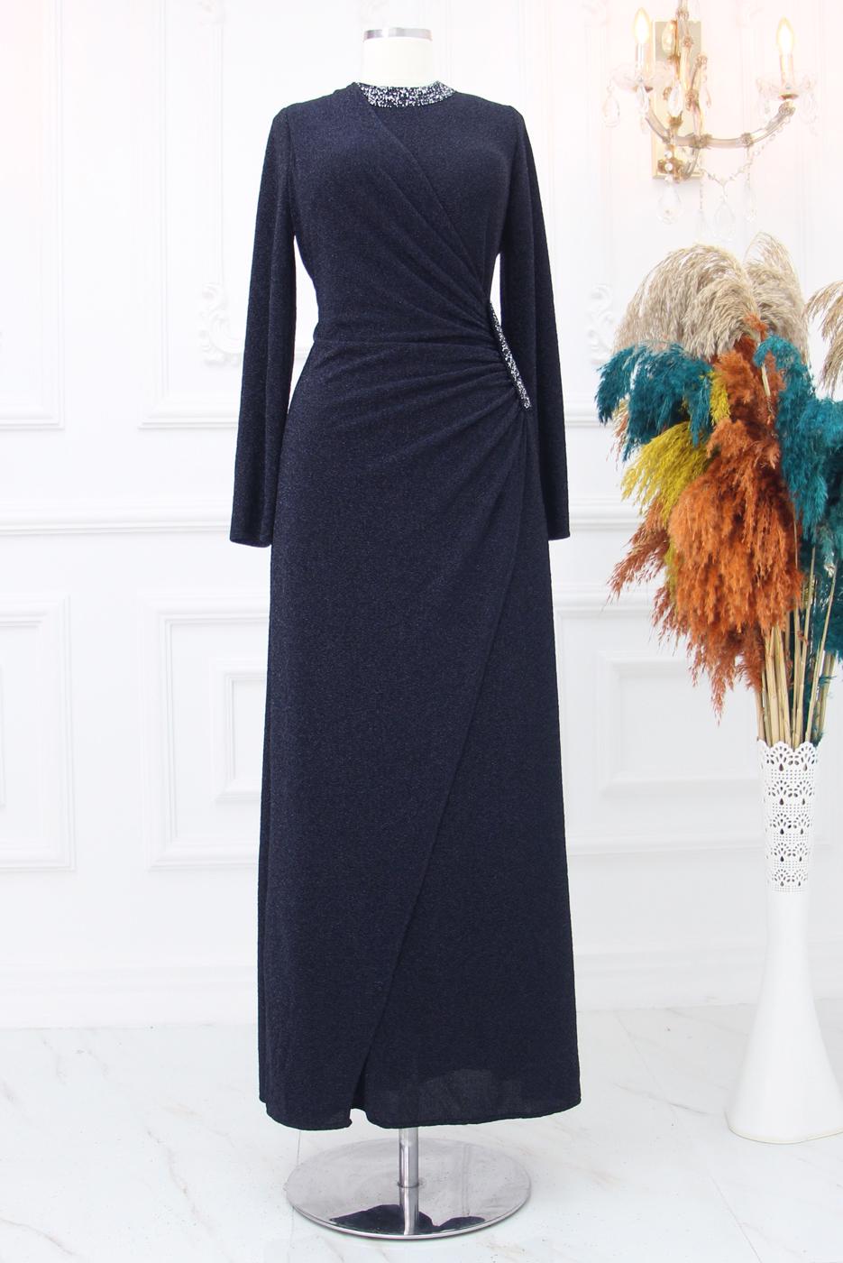 Tesettür giyim LACİVERT TAŞ DETAYLI ABİYE ELBİSE T 9653