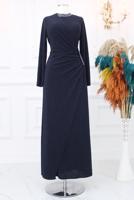 Tesettür giyim LACİVERT TAŞ DETAYLI ABİYE ELBİSE T 9653