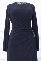 Tesettür giyim LACİVERT TAŞ DETAYLI ABİYE ELBİSE T 9653