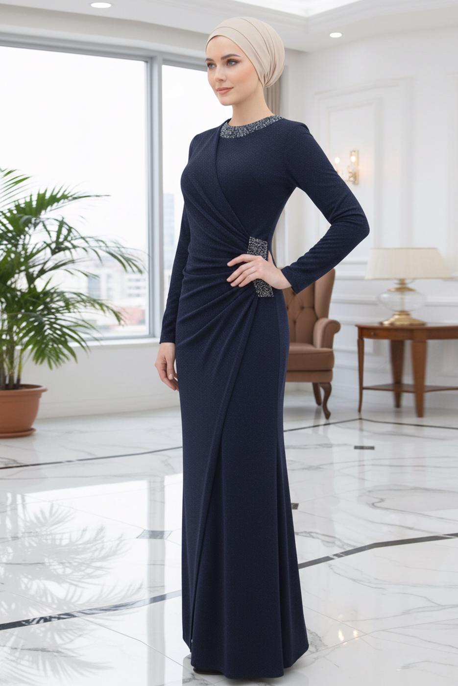 Tesettür giyim LACİVERT TAŞ DETAYLI ABİYE ELBİSE T 9653
