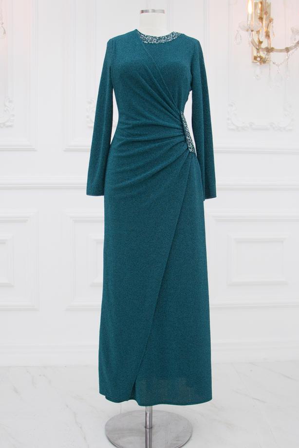 Vêtements hijab BLEU ROBE DE SOIRÉE AVEC GEMME T 9653 - TRENDTESETTÜR