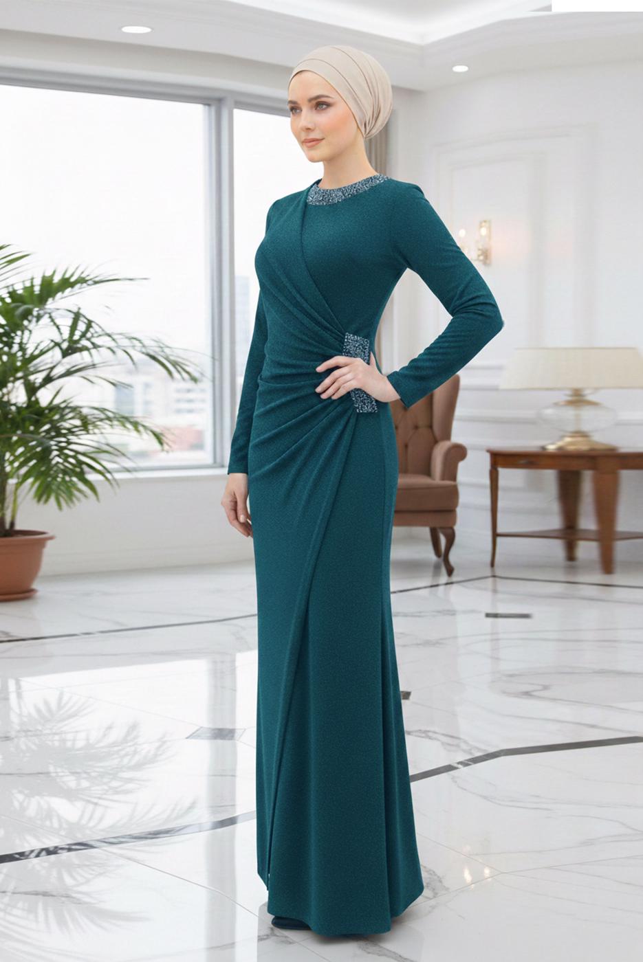 Vêtements hijab BLEU ROBE DE SOIRÉE AVEC GEMME T 9653