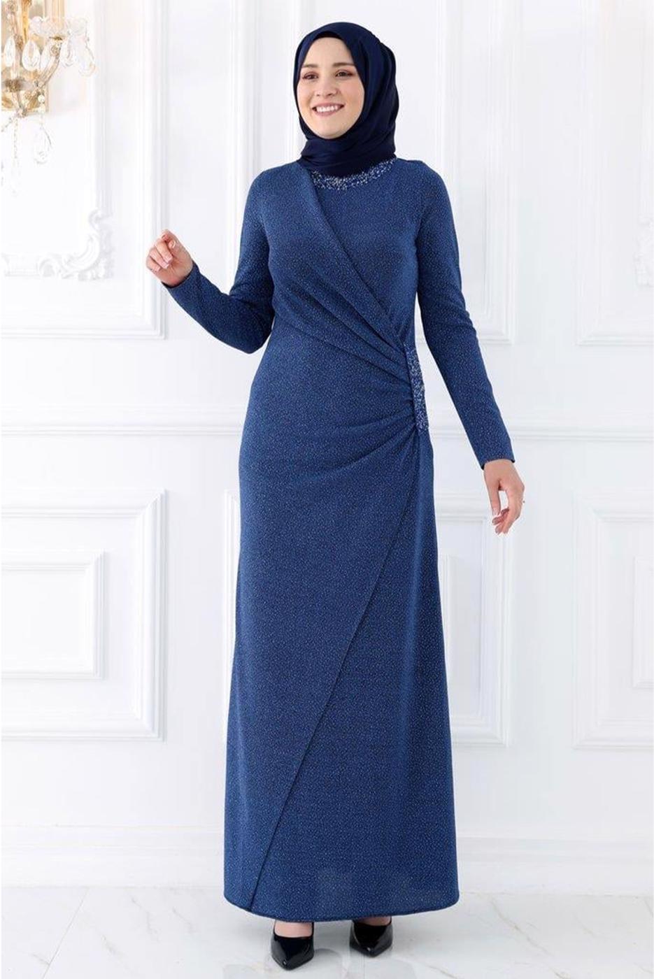 Tesettür giyim LACİVERT TAŞ DETAYLI ABİYE ELBİSE T 9653