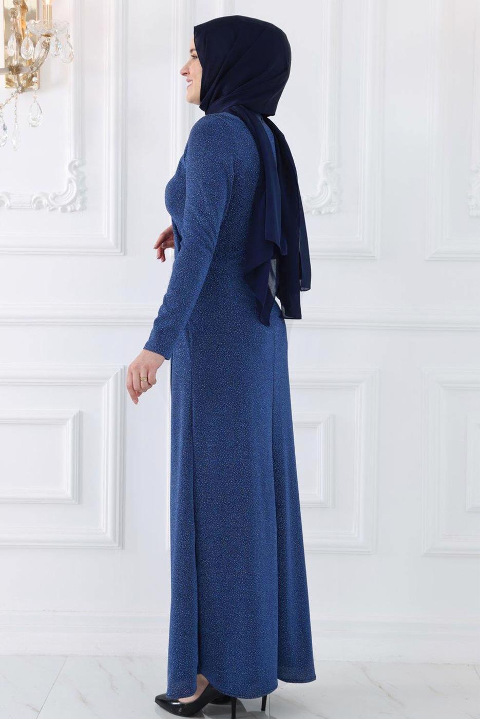 Tesettür giyim LACİVERT TAŞ DETAYLI ABİYE ELBİSE T 9653