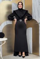 Tesettür giyim SİYAH KEMERLİ TÜY DETAYLI ABİYE ELBİSE T 9683