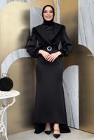 Tesettür giyim SİYAH KEMERLİ TÜY DETAYLI ABİYE ELBİSE T 9683