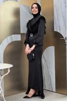 Tesettür giyim SİYAH KEMERLİ TÜY DETAYLI ABİYE ELBİSE T 9683