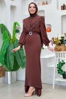 Tesettür giyim KAHVE KEMERLİ TÜY DETAYLI ABİYE ELBİSE T 9683
