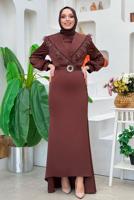 Tesettür giyim KAHVE KEMERLİ TÜY DETAYLI ABİYE ELBİSE T 9683