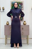 Tesettür giyim LACİVERT KEMERLİ TÜY DETAYLI ABİYE ELBİSE T 9683