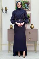 Tesettür giyim LACİVERT KEMERLİ TÜY DETAYLI ABİYE ELBİSE T 9683