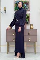 Tesettür giyim LACİVERT KEMERLİ TÜY DETAYLI ABİYE ELBİSE T 9683