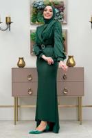 Tesettür giyim YEŞİL KEMERLİ TÜY DETAYLI ABİYE ELBİSE T 9683