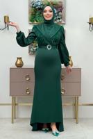 Tesettür giyim YEŞİL KEMERLİ TÜY DETAYLI ABİYE ELBİSE T 9683