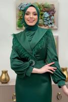 Tesettür giyim YEŞİL KEMERLİ TÜY DETAYLI ABİYE ELBİSE T 9683