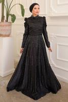 Tesettür giyim SİYAH TAŞLI SATEN ABİYE ELBİSE T 9854