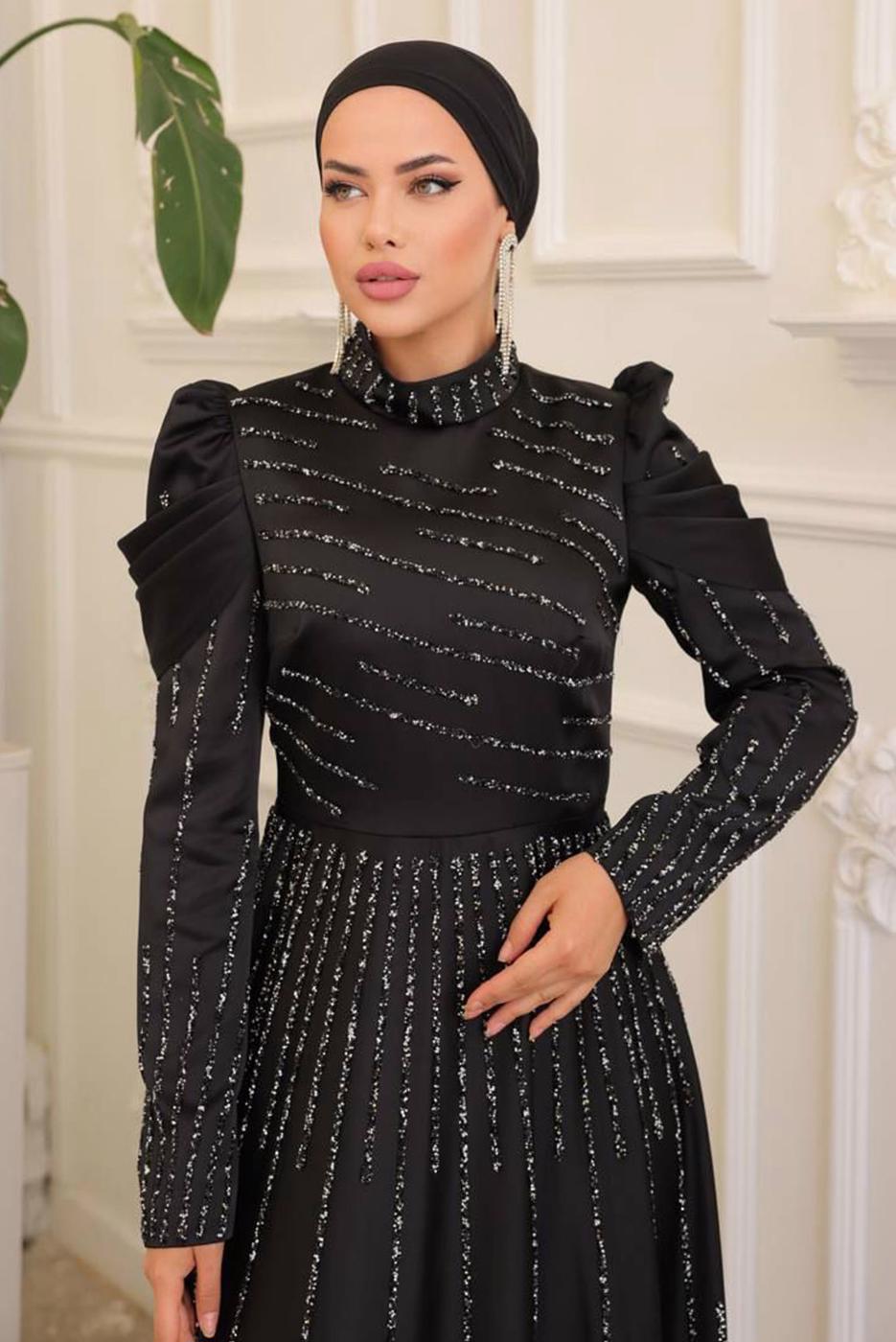 Tesettür giyim SİYAH TAŞLI SATEN ABİYE ELBİSE T 9854