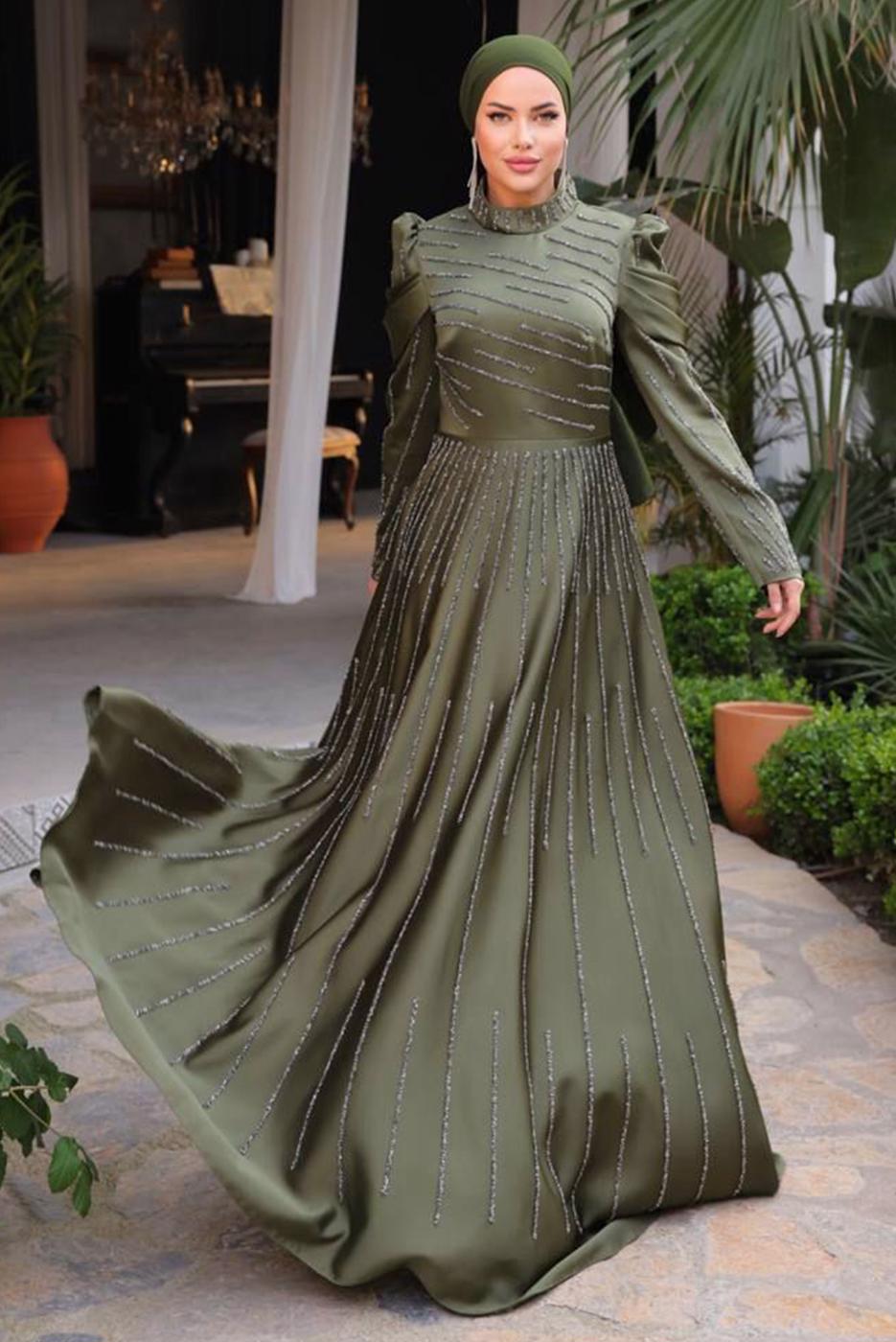 Tesettür giyim HAKİ TAŞLI SATEN ABİYE ELBİSE T 9854