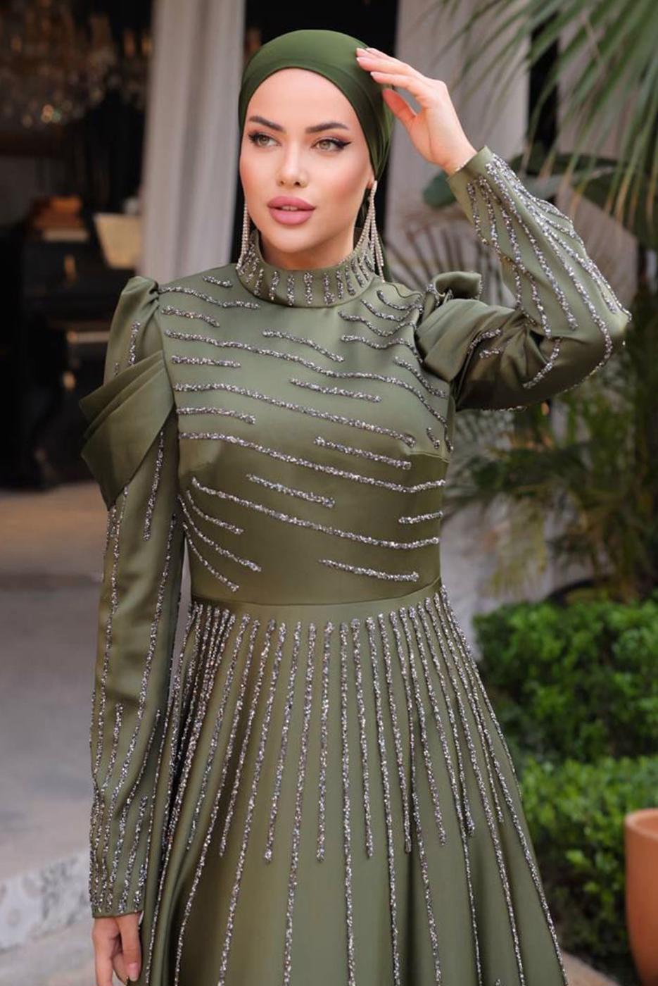 Tesettür giyim HAKİ TAŞLI SATEN ABİYE ELBİSE T 9854