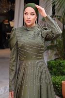 Tesettür giyim HAKİ TAŞLI SATEN ABİYE ELBİSE T 9854