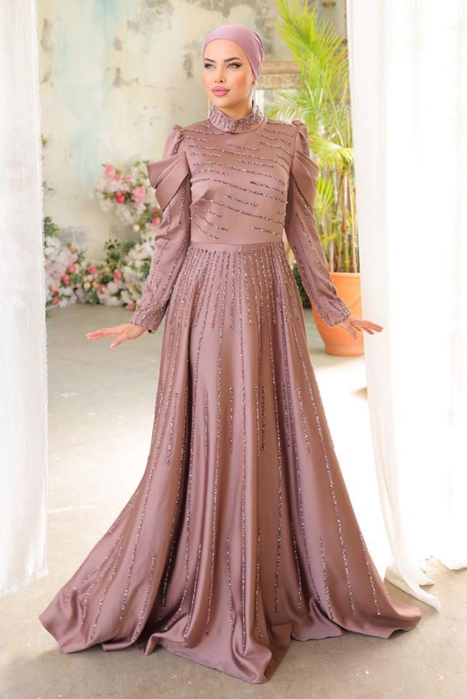 Tesettür giyim MOR TAŞLI SATEN ABİYE ELBİSE T 9854