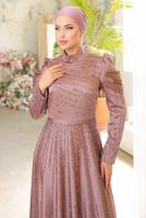 Tesettür giyim MOR TAŞLI SATEN ABİYE ELBİSE T 9854