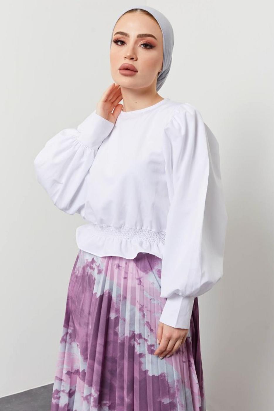 Tesettür giyim BEYAZ BALON KOL BLUZ T 4354