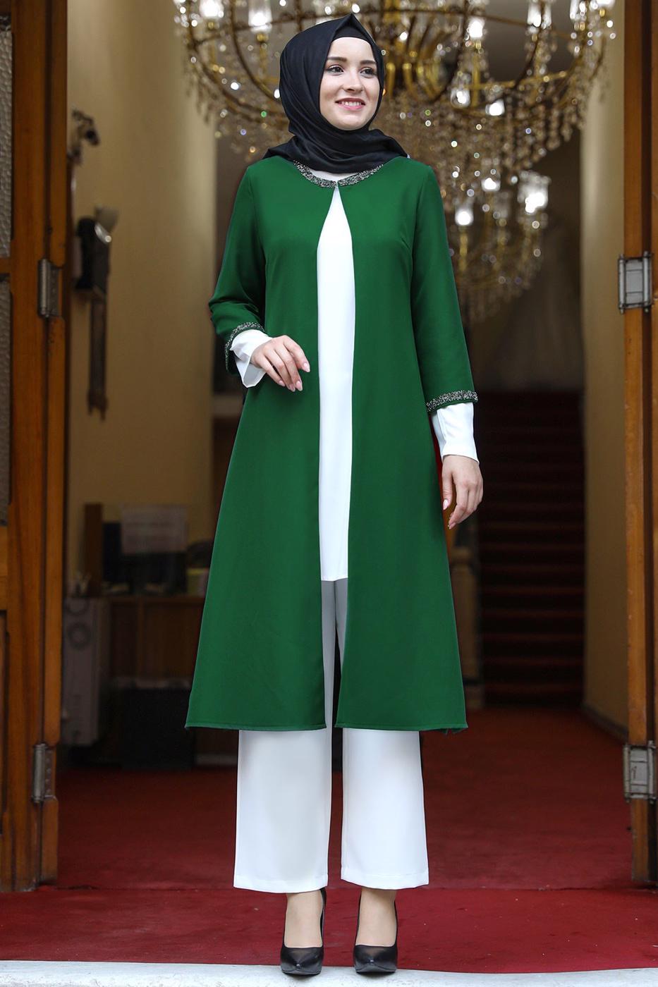 Vêtements hijab VERT VESTE AVEC GEMME T 1801