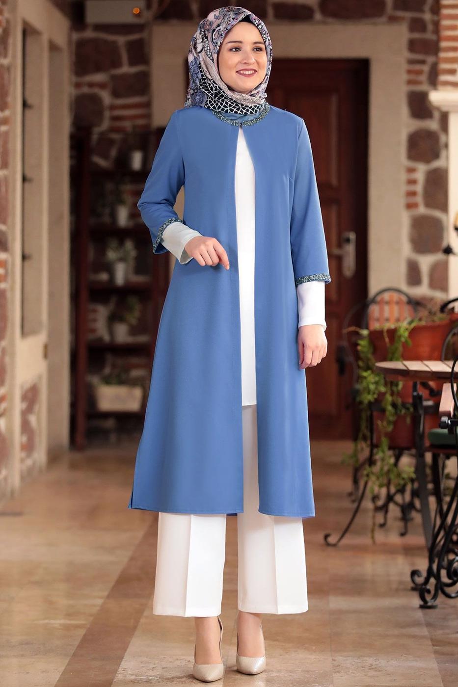 Vêtements hijab BLEU VESTE AVEC GEMME T 1801