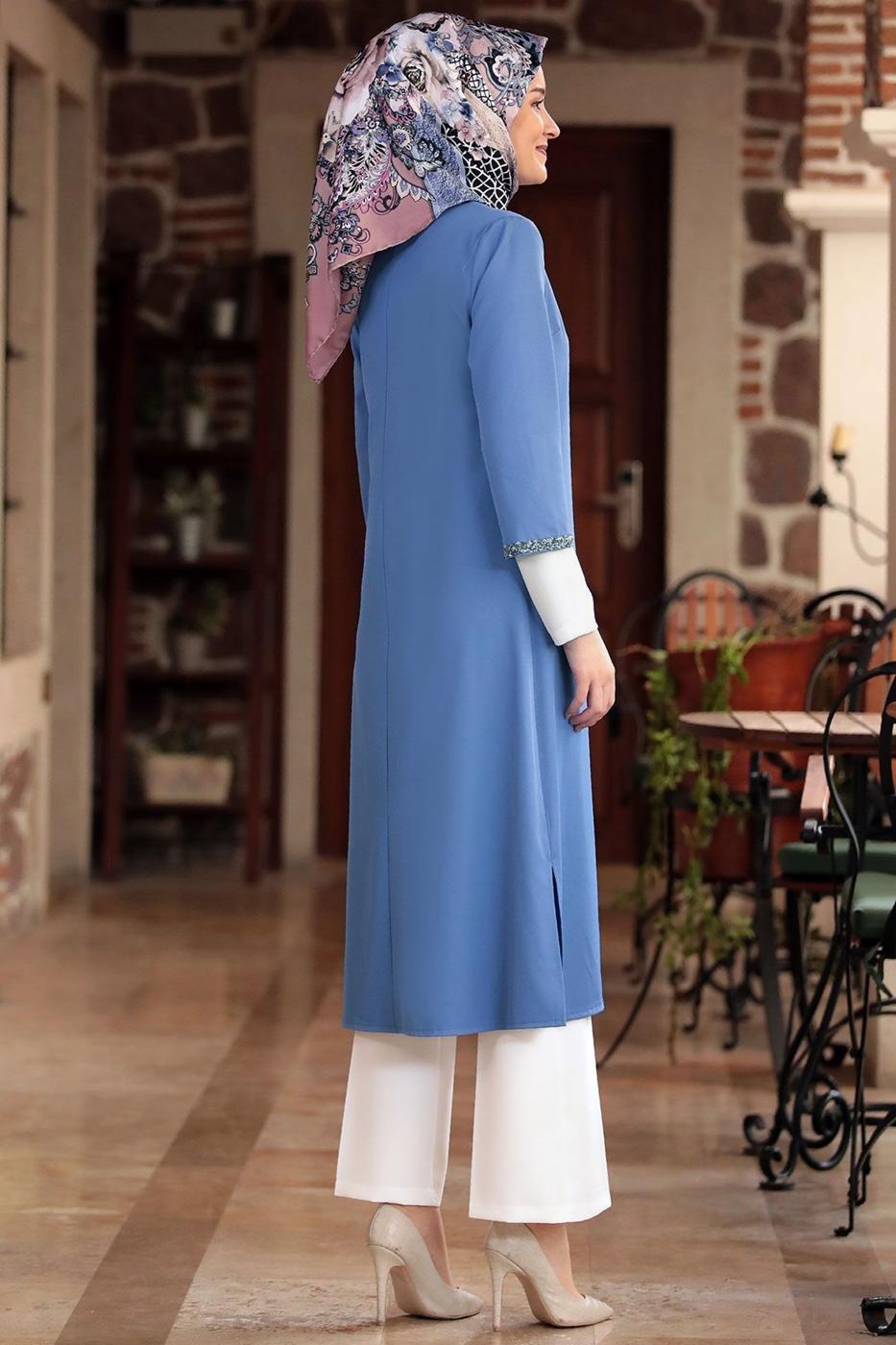 Vêtements hijab BLEU VESTE AVEC GEMME T 1801