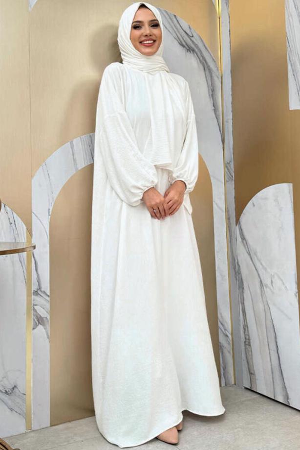 Tesettür giyim EKRU FERMUARLI NAMAZ ELBİSESİ T 7583 - TRENDTESETTÜR