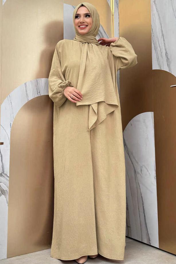 Tesettür giyim BEJ FERMUARLI NAMAZ ELBİSESİ T 7583 - TRENDTESETTÜR
