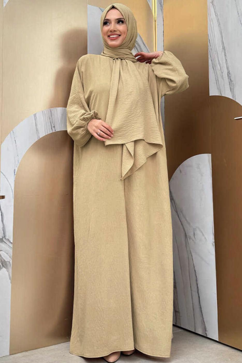 Tesettür giyim BEJ FERMUARLI NAMAZ ELBİSESİ T 7583