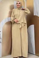 Tesettür giyim BEJ FERMUARLI NAMAZ ELBİSESİ T 7583