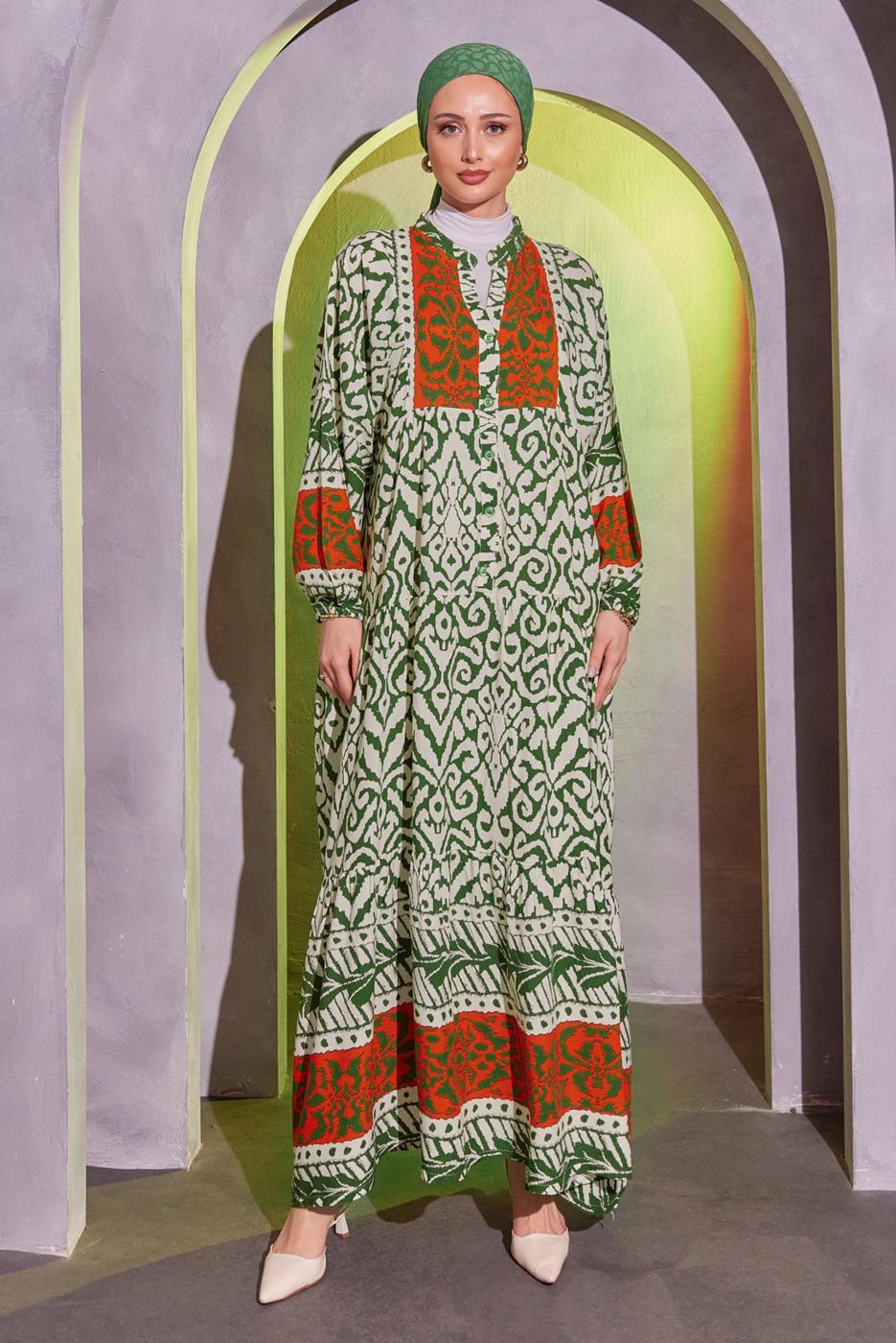 Tesettür giyim YEŞİL ETNİK DESENLİ SALAŞ ELBİSE T 8904